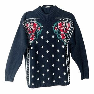 Rrrrruss Togs Vintage Women's Red Roses Made in Hong Kong Hand Knit Sweater